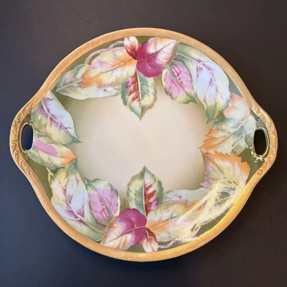 Vintage Royal Austria O&E.G. Cake Plate Autumn Leaves Hand‎ Painted Gold Trim